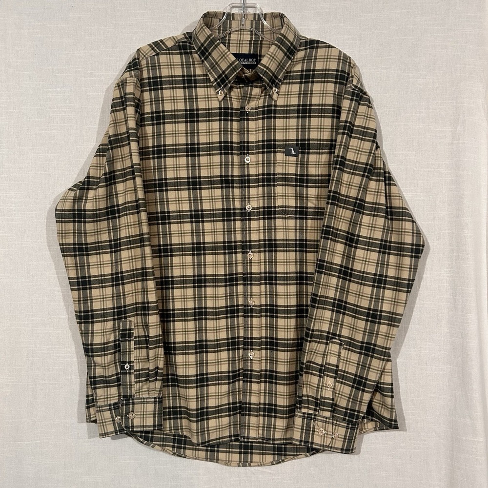 Local Boy Outfitters Men's L Plaid Button Down Flannel Shirt Tan Black Check